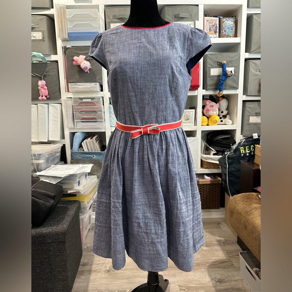 Charming Blue Women Dress with Red Belt